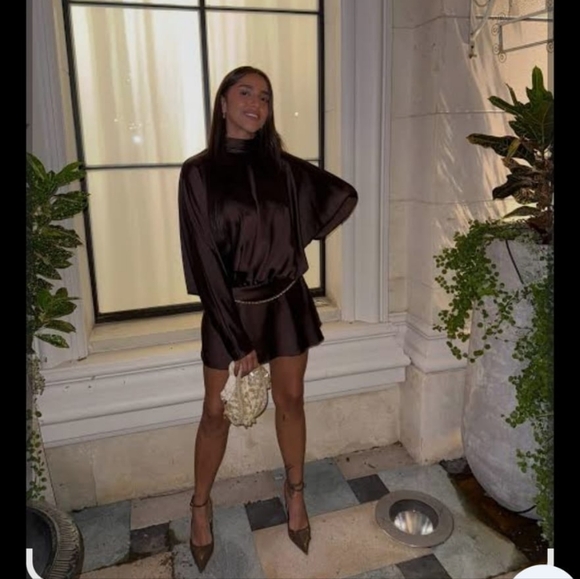 Zara Satin Effect Scarf Dress Brown NWT - Picture 3 of 15